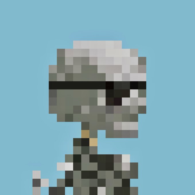 A pixel art illustration of a gray, metallic robot-like character with a visor against a light blue background.
