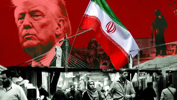 The image features a red-tinted portrait of Donald Trump and the Iranian flag, alongside a soldier silhouette and a black-and-white street scene, symbolizing the diplomatic tension between the United States and Iran, which the accompanying text states has a 94% chance of remaining unchanged by September.