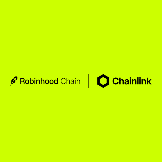 A bright green graphic displays the logos of 'Robinhood Chain' and 'Chainlink' side by side.