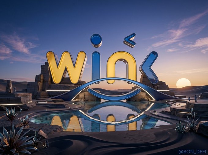 A 3D-rendered landscape with futuristic structures and water pools at sunset, featuring a large stylized "Wink" logo in yellow and blue, credited to "@BON_DEFI".