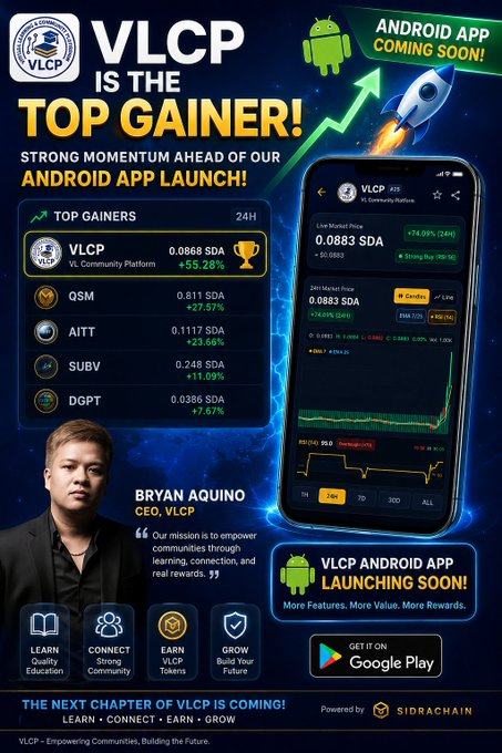 An advertisement for the VLCP mobile app announces its upcoming Android launch and lists it as the 'TOP GAINER'. It shows a man named Bryan Aquino (CEO, VLCP), top gainers including QSM, AITT, SUBV, and DGPT, and features a phone displaying token charts.