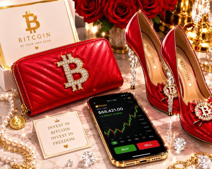 The image displays a luxurious Bitcoin-themed setup featuring red quilted high heels and a matching wallet adorned with rhinestone Bitcoin logos, alongside a smartphone showing a BTC/USD trading chart at $68,421.00 with prominent "BUY" and "SELL" buttons, and a gold card reading "INVEST IN BITCOIN INVEST IN FREEDOM." This opulent display of crypto wealth directly reinforces the post's defiant message about ignoring doubters while "pumping" investments, portraying Bitcoin as the path to financial freedom and success.