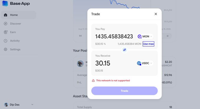 A screenshot of the Base App trade interface showing a failed transaction attempting to swap 1,435.45838423 MON for 30.15 USDC, with a "This network is not supported" error preventing the trade from executing. This illustrates the user's complaint about unresolved issues on the Base app, as they were unable to sell their token due to the network error.
