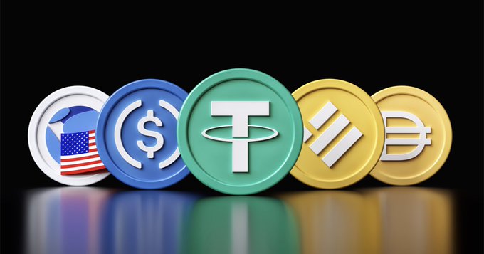 Five 3D-rendered cryptocurrency coins are displayed in a row against a black background, representing US flag/USDC, USD, Tether (USDT), Binance, and Dai.
