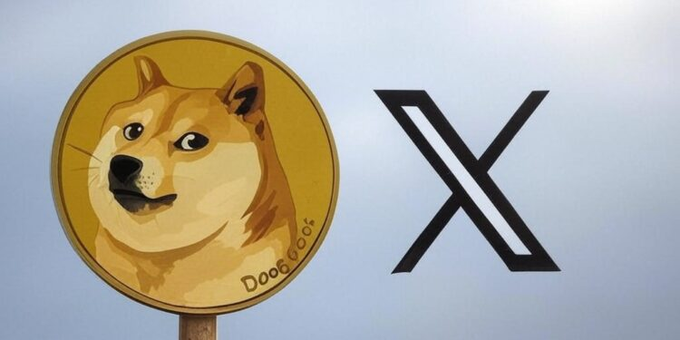 An illustration shows a Dogecoin coin featuring the Shiba Inu dog mascot alongside the X logo, symbolizing speculation about a potential Dogecoin integration with Elon Musk's X Money financial platform.