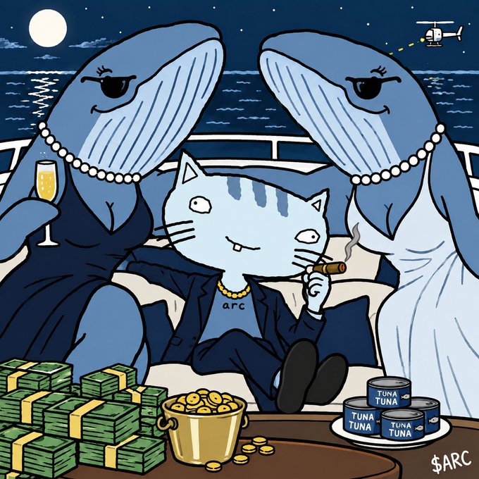 Cartoon illustration featuring a smug cat wearing an 'arc' shirt and smoking a cigar, flanked by two blue whales in pearl necklaces, with stacks of cash, gold coins, and tuna cans, signed '$ARC'.