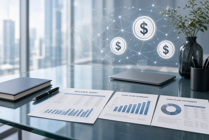 A glass desk displays financial documents labeled "BALANCE SHEET," "CASH FLOW SUMMARY," and "CASH FLOW STATEMENT" alongside digital dollar sign icons connected by a network overlay, visually representing the corporate financial accounting concept of stablecoins being treated as cash on balance sheets.