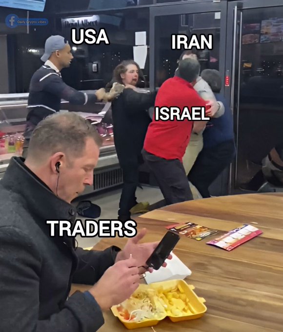 Meme labeling people in a chaotic fight as USA, IRAN, ISRAEL, while a man labeled TRADERS calmly looks at his phone.