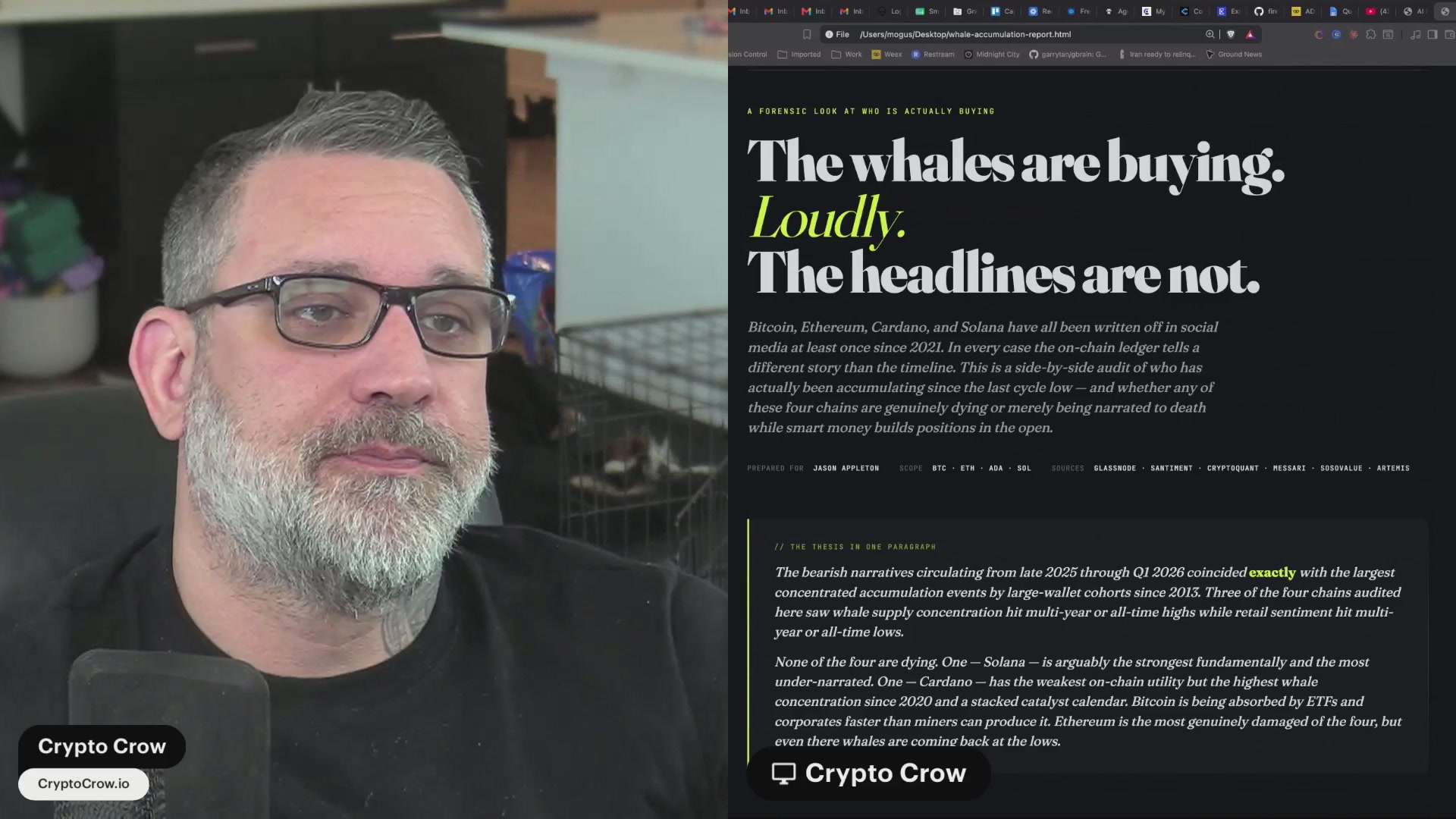The image shows a man wearing glasses sitting down with his phone open. The screen of his phone displays a video that appears to be related to cryptocurrency or blockchain technology, as indicated by the text "Cardano" and "Ethereum". This suggests that the man might be watching a tutorial or learning more about these digital assets.