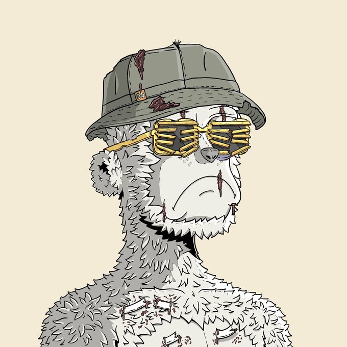A digital illustration of a sad, injured white monkey-like character wearing a bucket hat and gold shutter shades.