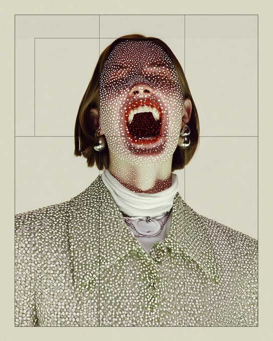The image features a close-up of a person's face with their mouth open, revealing teeth that are white and yellow. The person has long hair and is wearing a green shirt. The background appears to be a light gray color, which contrasts with the white teeth on the person's face. The caption "Gn P.S. ANNOYED #tezostuesday" suggests that this image might have been taken during Tezostationary Tuesday, a popular social media trend where users post pictures of themselves in their pajamas or at home to celebrate the day.
