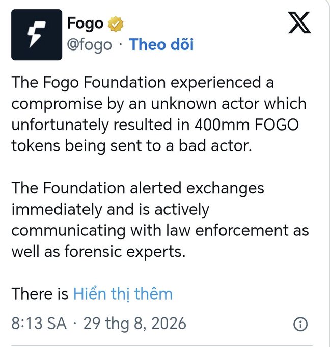 A tweet from Fogo (@fogo) dated August 29, 2026, announcing that the Fogo Foundation experienced a security compromise resulting in 400mm FOGO tokens being sent to a bad actor.