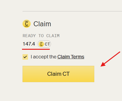 A claim interface showing 'READY TO CLAIM 147.4 CT' with a checked 'I accept the Claim Terms' box and a yellow 'Claim CT' button indicated by a red arrow.