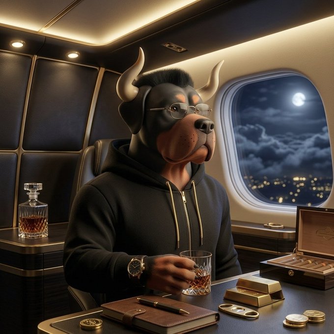 An artistic illustration portrays a Doberman dog wearing glasses and a black hoodie, sitting in what appears to be a private jet or luxury setting at night, holding a glass of whiskey with gold bars, coins, and a cigar box on the table.