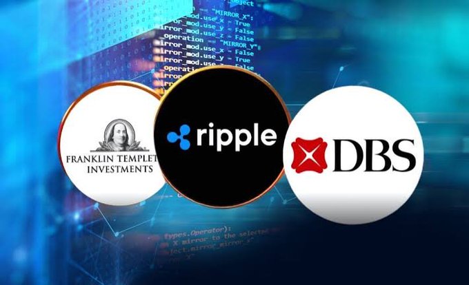 The image features the logos of Franklin Templeton Investments, Ripple (XRP), and DBS Bank displayed against a blue digital background with code. The accompanying caption highlights DBS, Citi, and XRP, suggesting a partnership or collaboration involving these financial and cryptocurrency entities.