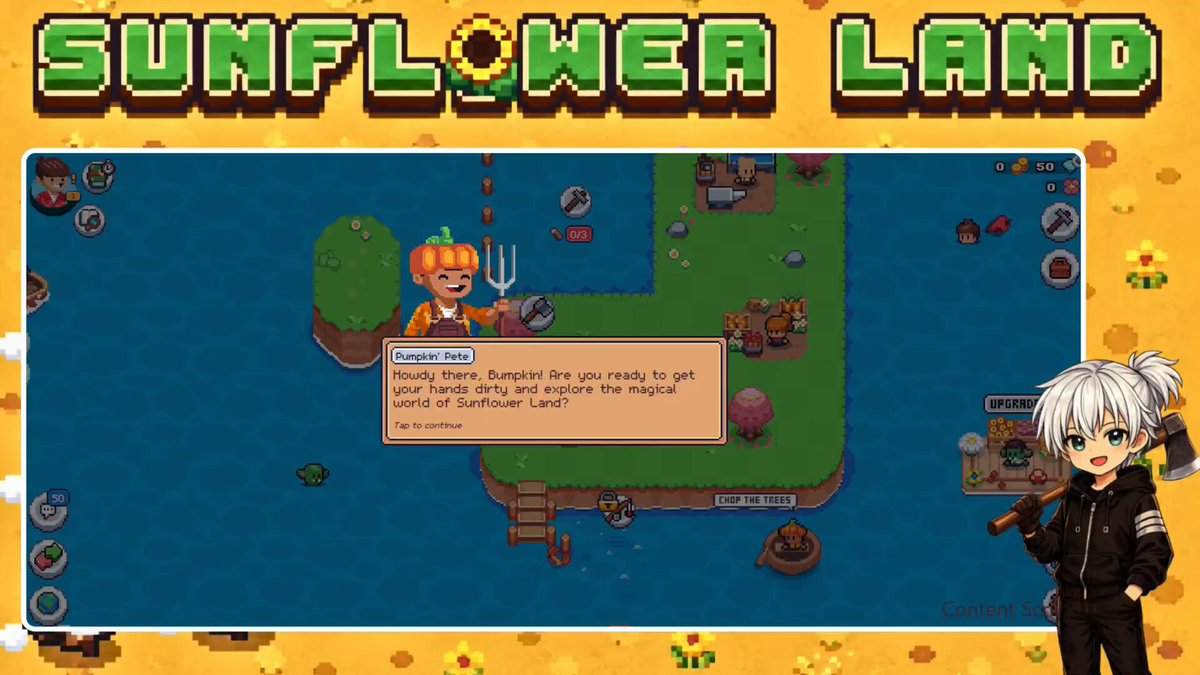 A screenshot of a video game scene with characters playing under a big sunflower. In the bottom right corner, there's a post by someone named @Immutable discussing the game. The title of the post reads "@0xSunflowerLand".