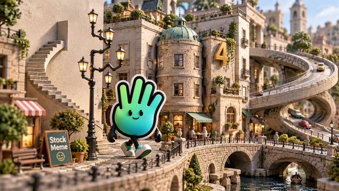 **Caption:** A cute cartoon "4" hand character strolls through a charming miniature European-style village with stone bridges, twisting roads, and a "Stock Meme" sign, symbolizing the early believer mindset and the wholesome optimism of catching narratives before the crowd.

The whimsical town setting reflects the post's theme of small, early communities of believers thriving before mass adoption—much like this quaint village tucked away from the spotlight, representing the rewarding journey of those who "believe first" before FUD takes over.