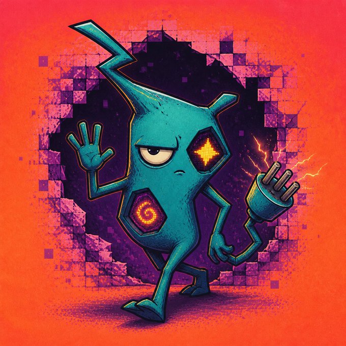 A stylized digital illustration of a teal robot-like creature with a power plug for a hand, featuring glowing yellow eyes and a hexagonal '6' symbol on its body against an orange pixelated background.