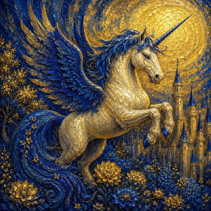 The image features a painting of an unicorn with blue wings, standing on its hind legs and facing towards the right side of the frame. The background includes a castle surrounded by trees, creating a whimsical and magical atmosphere. The painting has a blue and gold color scheme that adds to its enchanting appearance.