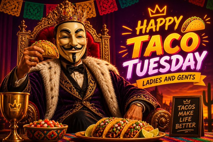 A colorful graphic features a masked figure wearing a crown and royal robes, holding a taco, alongside bold text reading 'HAPPY TACO TUESDAY LADIES AND GENTS' and 'TACOS MAKE LIFE BETTER'.