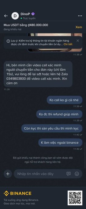A Binance chat interface in Vietnamese shows a scam attempt from 'DinoP' buying USDT for 4,880,000,000, followed by messages offering a video call scam and crypto refund fraud.