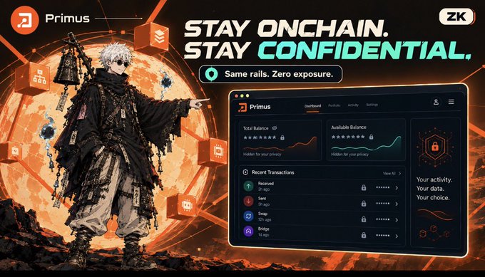 An advertisement for 'Primus' features an anime character with white hair and chains beside the text 'STAY ONCHAIN. STAY CONFIDENTIAL. Same rails. Zero exposure.' and a dashboard mockup with a 'ZK' logo.