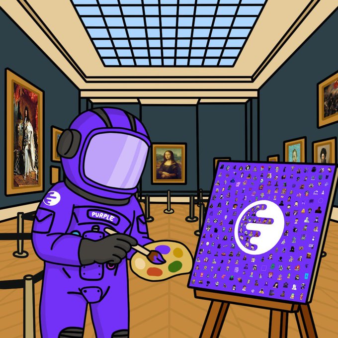 A purple-suited "Among Us" character holds a paint palette and brush, preparing to add a new piece to a canvas covered in hundreds of miniature NFT character icons, set inside an art museum gallery. The character is labeled "PURPLE," and the canvas displays a large purple "E" logo, tying into the "Purple Mural NFT Giveaway" post that invites followers to enter a contest for a chance to win one of three NFTs.