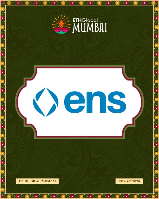 A decorative green event cover for “ETHGlobal MUMBAI,” with the ENS logo centered and bottom text reading “ETHGLOBAL.MUMBAI” and “NOV 5-7, 2026.”