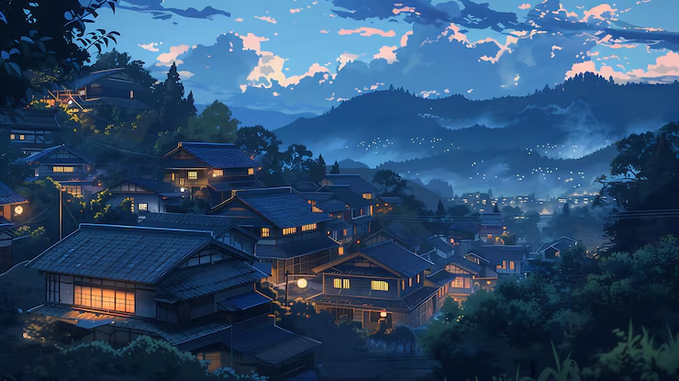 A serene anime-style illustration of a hillside Japanese village at twilight with glowing lanterns in windows and mist in the distant valleys.