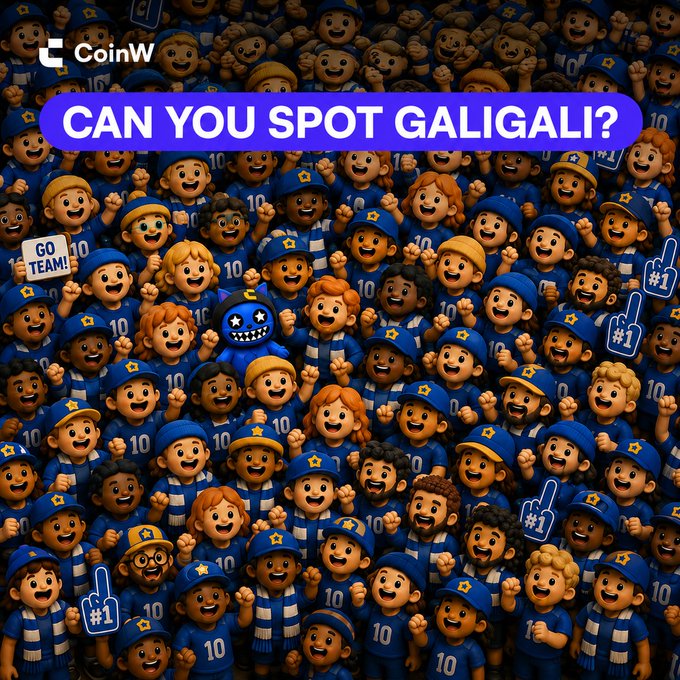 A colorful CoinW crowd scene asks “CAN YOU SPOT GALIGALI?” while showing cheering fans, “#1” foam fingers, and jerseys marked “10,” with GaliGali hidden as the unusual masked impostor. It promotes a USDT giveaway where followers must locate GaliGali, screenshot his position and UID, then follow @CoinWOfficial and like/repost.