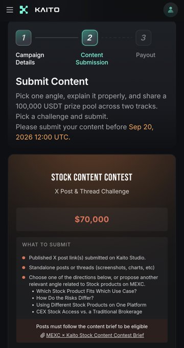 The image shows a KAITO platform interface for the "STOCK CONTENT CONTEST" X Post & Thread Challenge sponsored by MEXC, featuring a $70,000 prize pool and a submission deadline of September 20, 2026. The screen displays submission guidelines, including requirements to publish X posts/threads via Kaito Studio while focusing on MEXC stock products, which aligns with the post's call for content around MEXC stock products.
