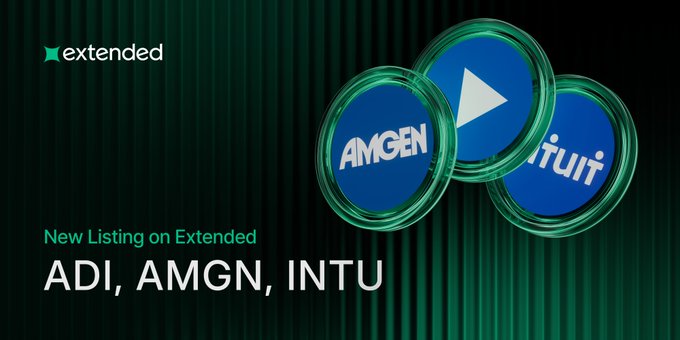 A promotional graphic for Extended announces new listings with the text 'New Listing on Extended ADI, AMGN, INTU', featuring the company's green logo and stylized blue circular tokens representing Amgen and Intuit alongside a play button.