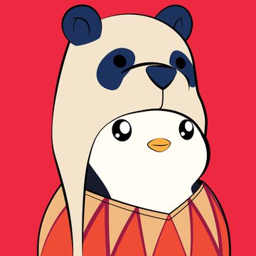 A cartoon illustration on a red background featuring a panda head emerging from a red and yellow striped outfit, with bear ears on top.