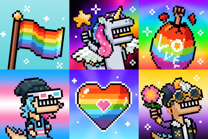 A grid of six colorful pixel-art images featuring Pride/LGBTQ themes, including a rainbow flag, an astronaut kissing, a 'LOVE' bomb, characters with 3D glasses, a rainbow heart, and a character with flowers.