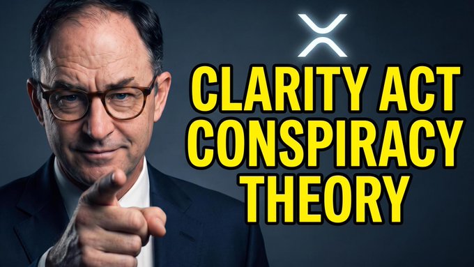 A man in glasses and a suit points toward the camera against a dark background, beside bold yellow text reading "CLARITY ACT CONSPIRACY THEORY" with the XRP logo above it. The image serves as a YouTube thumbnail promoting a video that links the Clarity Act, national security concerns, and potential XRP bull runs into a speculative narrative.