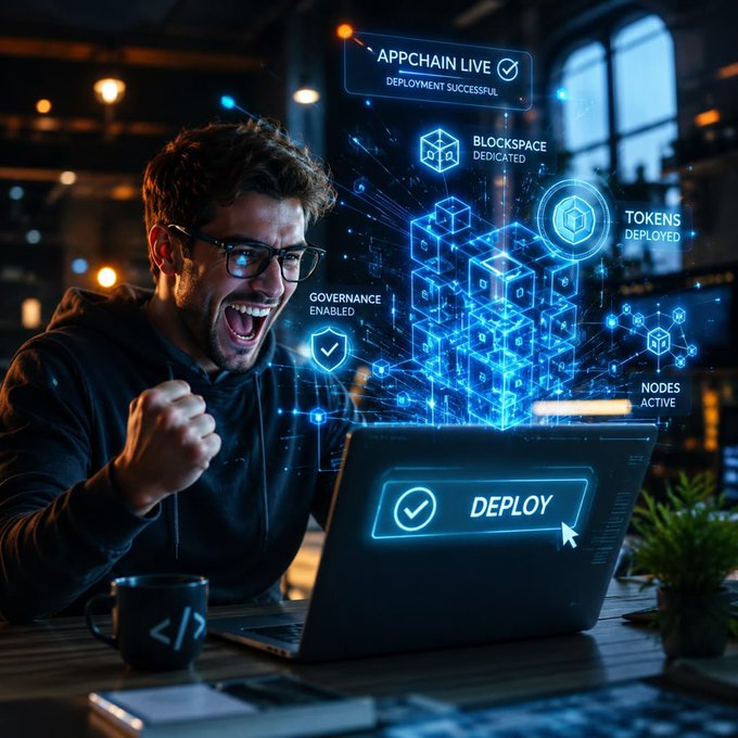 An excited man with glasses cheering in front of a laptop displaying a 'DEPLOY' button, with a holographic interface showing 'APPCHAIN LIVE / DEPLOYMENT SUCCESSFUL', 'BLOCKSPACE DEDICATED', 'TOKENS DEPLOYED', 'GOVERNANCE ENABLED', and 'NODES ACTIVE'.