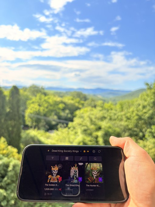 A hand holds a smartphone displaying an NFT marketplace with a collection called 'Dead King Society Kings,' featuring items like 'The Golden K...' priced at 1,000,000 SOL, set against a scenic backdrop of green hills and blue sky.