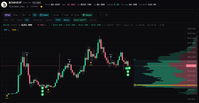 A cryptocurrency price chart for $CASHICAT on DEXSCREENER showing a 1D candlestick view with the price around $153.00M, featuring visible 'Slope' buy/sell signals and a volume profile on the right.
