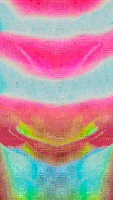 An abstract, mirrored colorful pattern featuring wavy bands of pink, light blue, and yellow with a symmetrical, almost mask-like design.