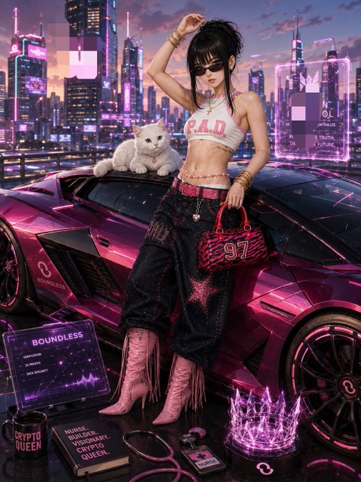 A stylized digital art poster depicts an anime-style woman in a 'R.A.D.' crop top and pink boots posing with a white cat on a pink Lamborghini against a neon cyberpunk cityscape, with 'CRYPTO QUEEN' and 'BOUNDLESS' text.