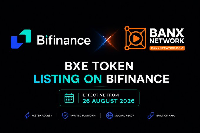 A promotional graphic announces the listing of the $BXE token (Banx Network) on BiFinance, featuring logos for both platforms alongside the listing date of August 26th, 2026. The image also highlights key features including faster access, a trusted platform, global reach, and that it's built on the XRP Ledger, aligning with the post's announcement of BXE being the largest decentralized media token on the XRP Ledger.