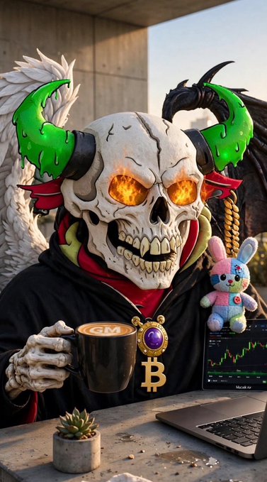 A digital illustration of a skeletal figure with glowing orange eyes, green horns, and wings, wearing a black hoodie and a gold Bitcoin necklace. The figure holds a black mug with 'GM' printed on it while sitting at a laptop showing a trading chart.