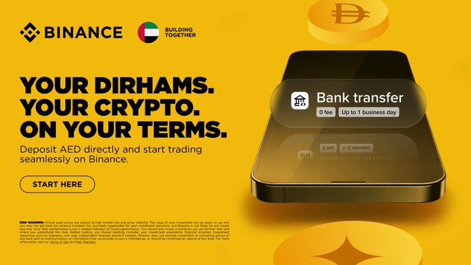 The image shows a smartphone screen displaying a Bitcoin advertisement with a yellow background featuring a gold coin symbol, and text that reads "Your Dhhams, your Crypto, on Your Terms." The phone's screen displays an app icon for Binance, which is a cryptocurrency exchange platform. The post also mentions the possibility of zero-fee AED deposits and faster transfers in the UAE.
