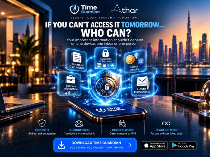 An advertisement for 'Time Guardian' by Athar with the tagline 'IF YOU CAN'T ACCESS IT TOMORROW... WHO CAN?' promoting secure digital asset and document storage.