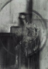 Black and white abstract or distorted image with vertical streaking and shadowy figures.