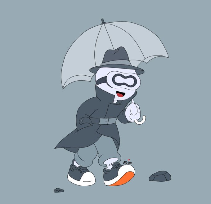 An illustration of a cartoon character wearing a black trench coat, fedora, goggles, and holding an umbrella.