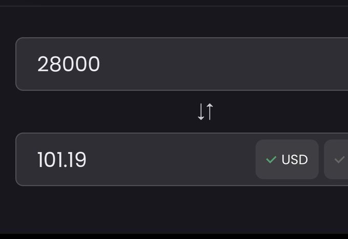 A dark-themed currency conversion interface displays '28000' being converted to '101.19 USD', with up and down arrows between the fields.