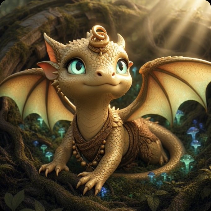 A digital illustration of a cute, golden-scaled dragon with large green eyes and translucent wings, sitting in a magical forest surrounded by glowing blue mushrooms and bathed in sunlight.