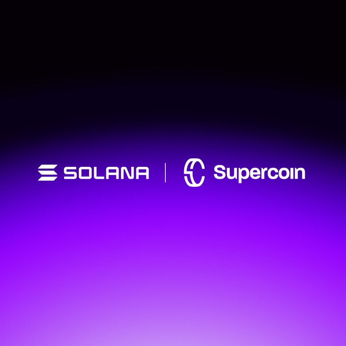 The graphic features the "SOLANA" logo alongside the "Supercoin" logo on a gradient purple backdrop, visually representing the partnership mentioned in the announcement. The logos signal Supercoin's deployment on the Solana blockchain for the launch of their new Rand-pegged stablecoin, ZARsc.