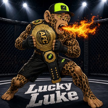 An animated character labeled 'Lucky Luke' appears as a leopard/jaguar hybrid wearing a championship belt, breathing fire in a UFC-style fighting arena.